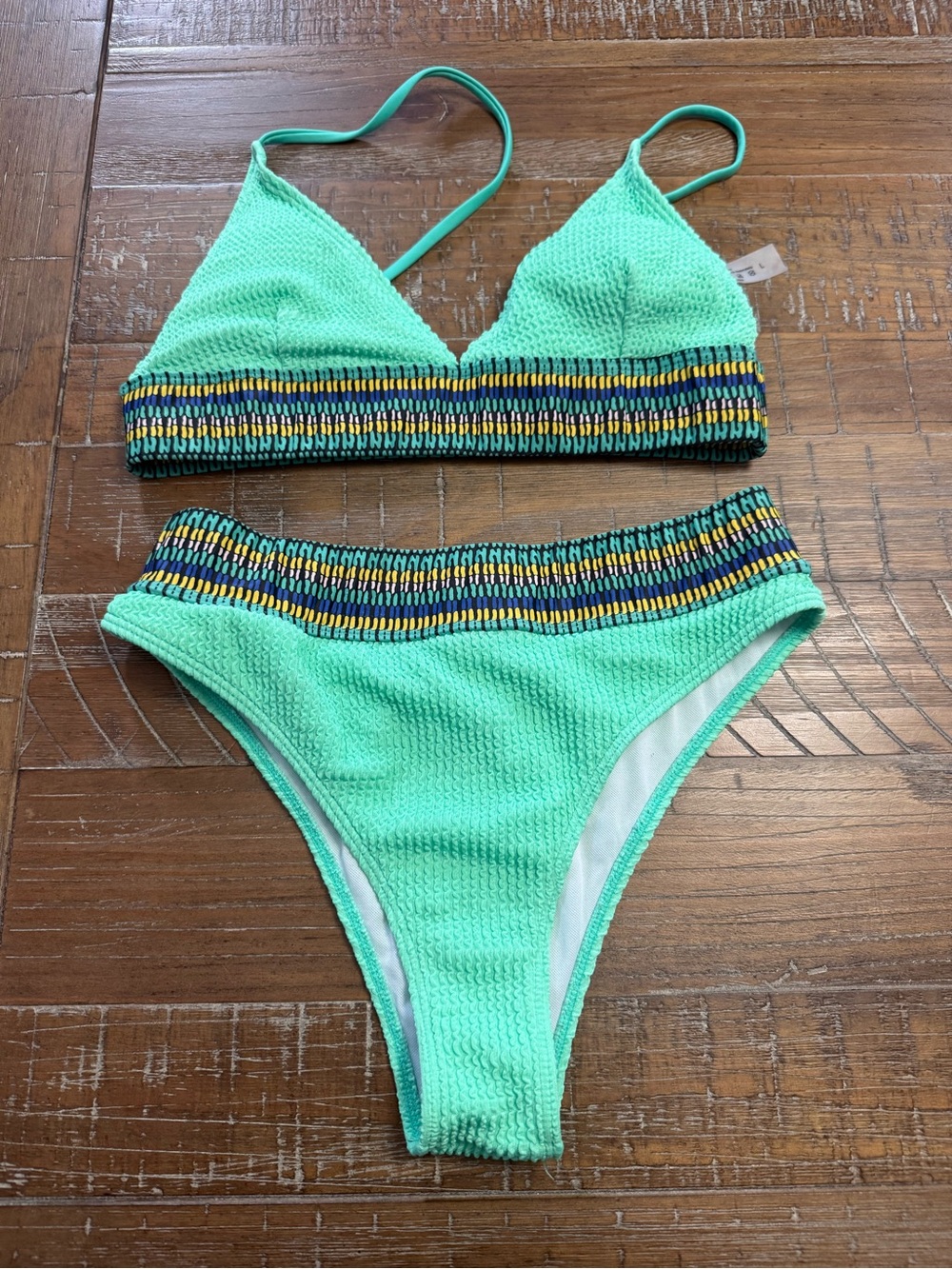 Woman’s Textured Mint Green Two-Piece Swim Set with Patterned Waistband